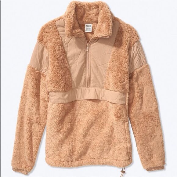 VICTORIA’S‎ SECRET PINK FLEECE TEDDY HALF ZIP OVERSIZED PULLOVER SWEATER NWT TAN - Picture 2 of 13